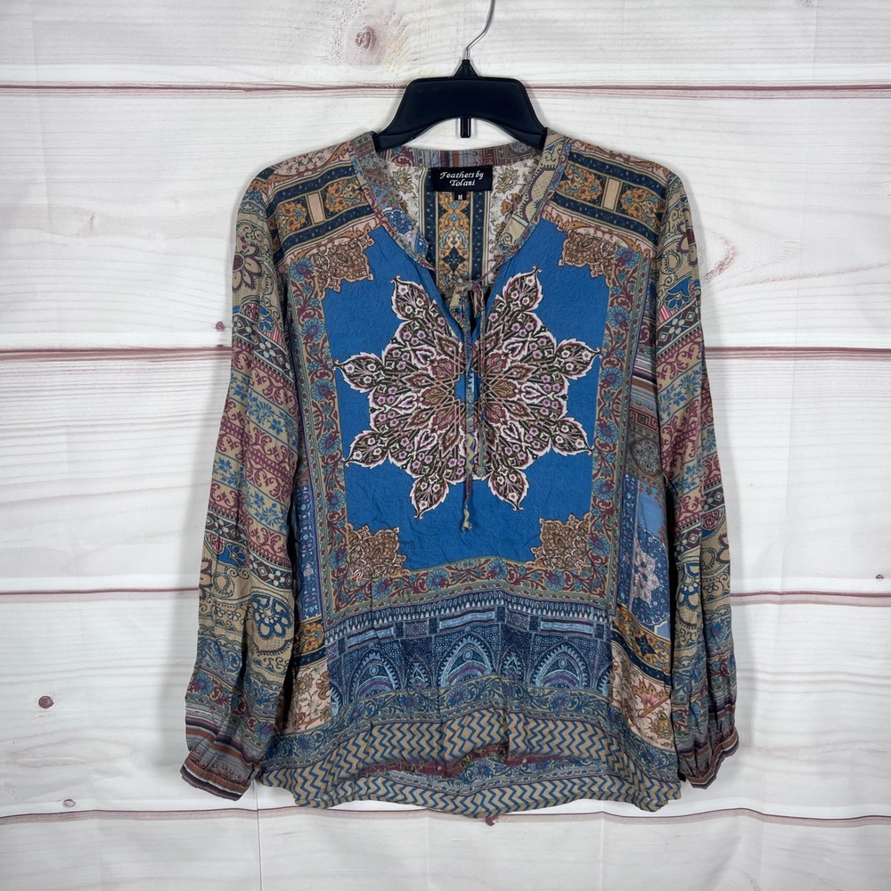 Tolani Feathers Paisley Blouse Women Medium Blue Boho Modal Long Sleeve Top